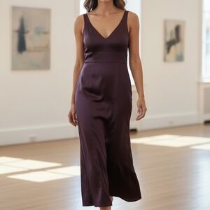 V-Neck Stretch Satin Wine Maxi Dress with Side Slit
